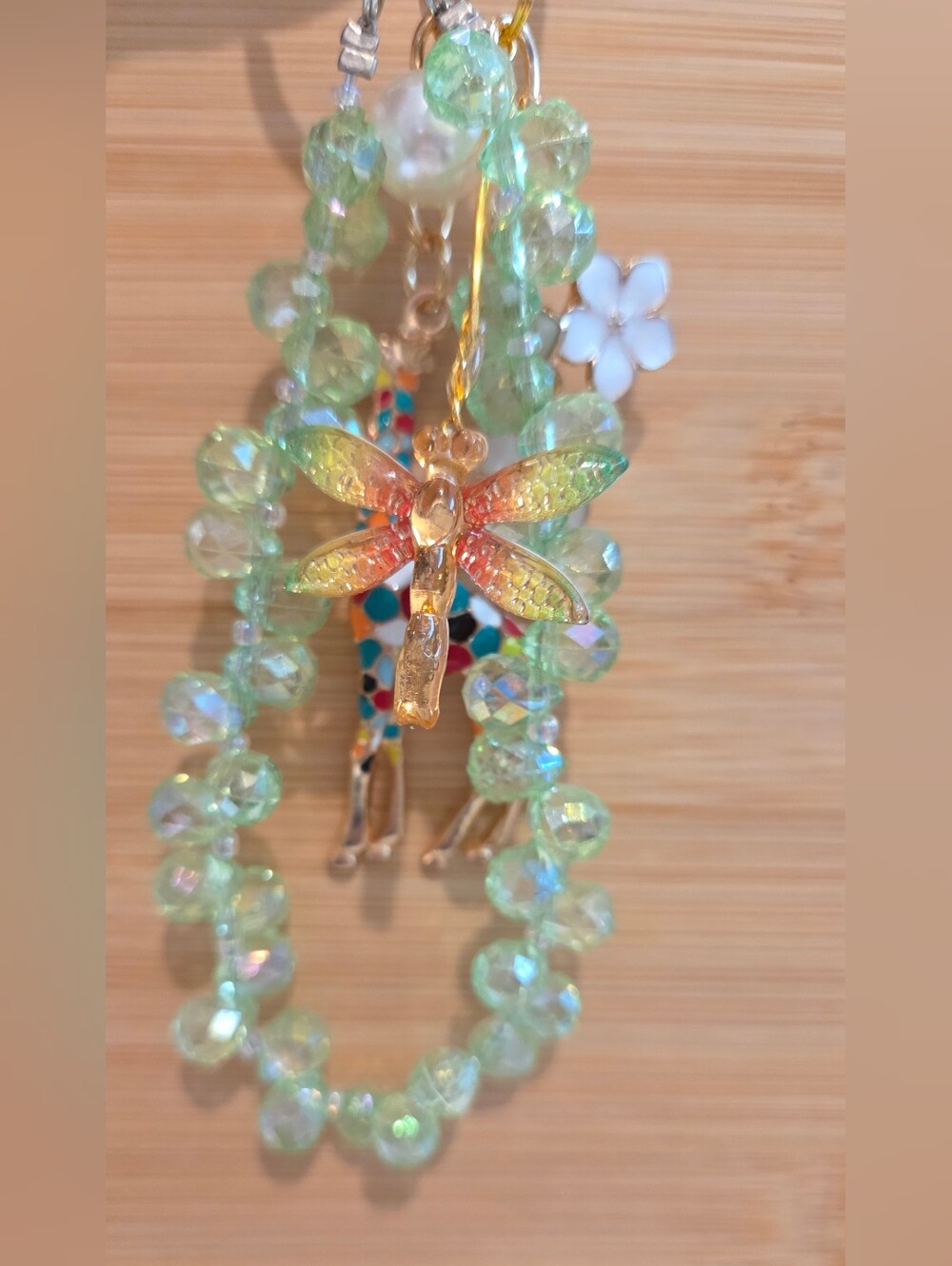 Whimsical Enameled Giraffe Dragonfly Bag Charm Keychain Green Beaded Wristlet - Picture 2 of 16